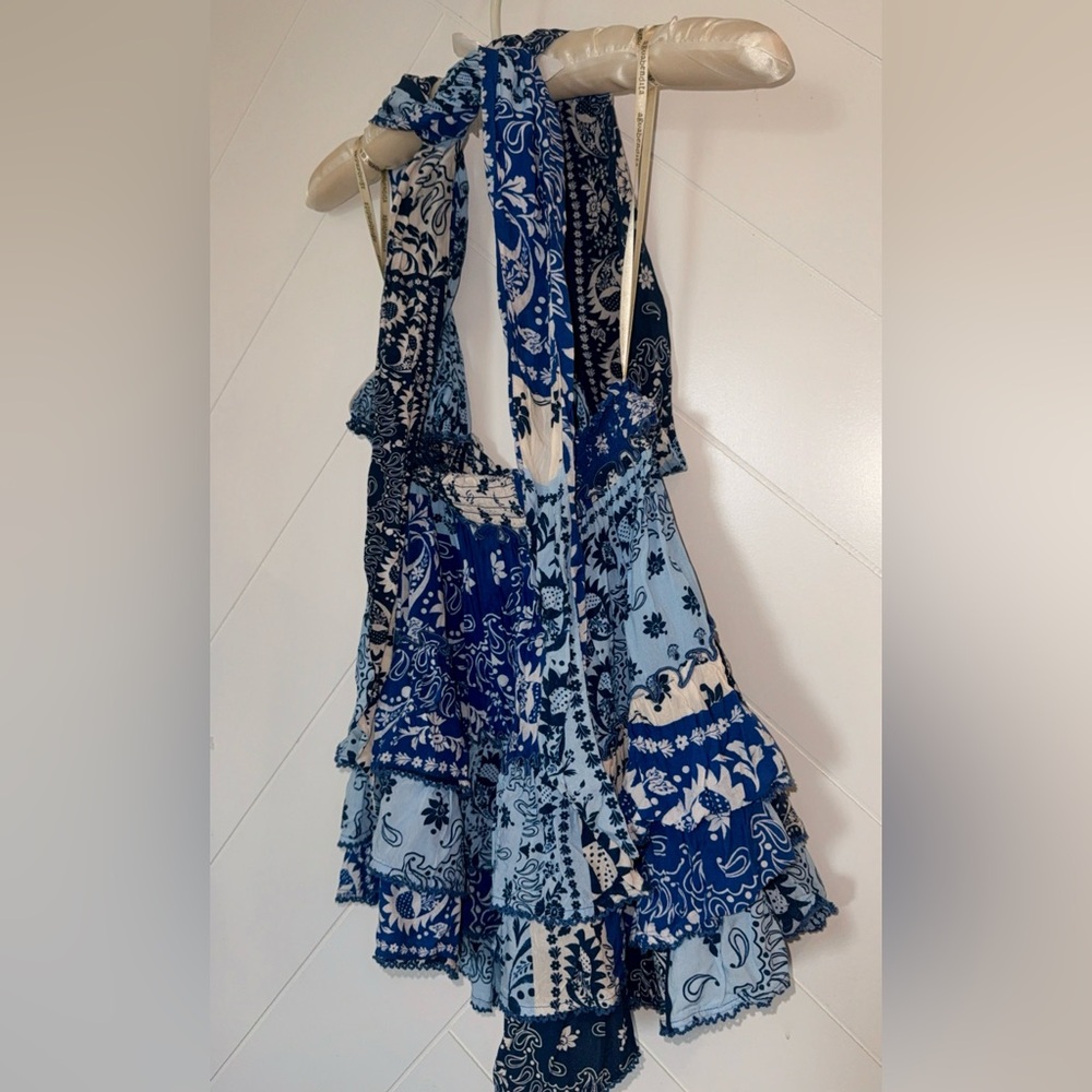 Agua Bendita Moana Atma convertible mini dress blue white ruffled floral $330 - Picture 13 of 14